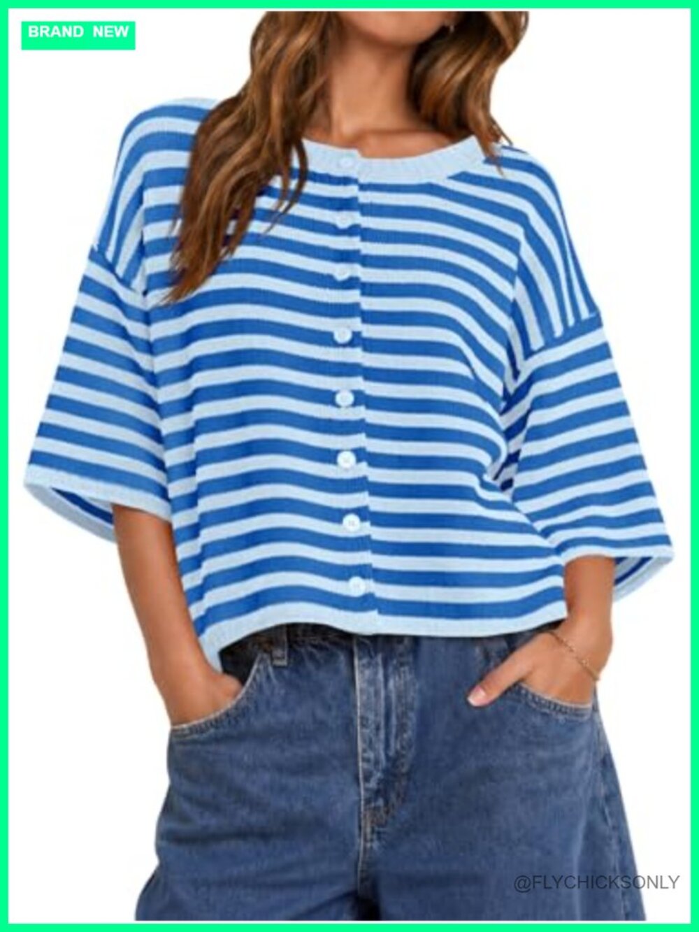 Womens Cropped Striped Cardigan Short Sleeve Knit Sweater Button Down Oversized